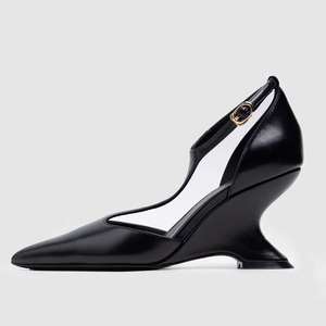 Sandales à bout pointu pour femmes avec brides en T, sexy, à boucles de cheville, talons compensés hauts, escarpins d'été découpés - Product Image 1