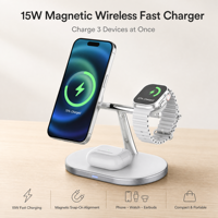 Chargeur sans fil magnétique rapide 3-en-1 avec port de charge rapide QC3.0/PD Type-C 15W pour téléphones, montres intelligentes, écouteurs