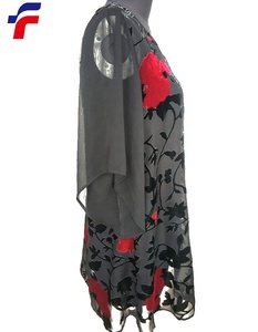 <span class=keywords><strong>Elegante</strong></span> Nero Rosso Stampa Burn Out Tessuto in Velluto <span class=keywords><strong>Camicetta</strong></span> Delle Signore con il Capo Poliestere Maniche In Chiffon - Product Image 2