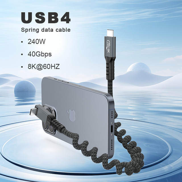 USB4 240W High-Speed Nylon Braided Type C USB C Cable Fast Charging Retractable Spring Cord for Laptop Phone Cell Phone