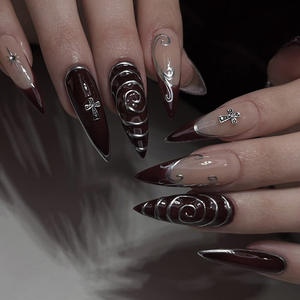 Uñas Postizas Doradas con Ondas Marrones Ámbar, 24 Piezas, con Flores, Diamantes de Imitación, Perlas, Estrellas, Pavo Real y Almendras, Uñas Acrílicas a Presión para <span class=keywords><strong>Manicura</strong></span> - Product Image 5