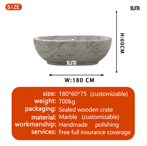 Baignoire autoportante en marbre blanc naturel BSA, ovale, polie, monobloc, pour hôtel, villa, salle de bain - Product Image 2