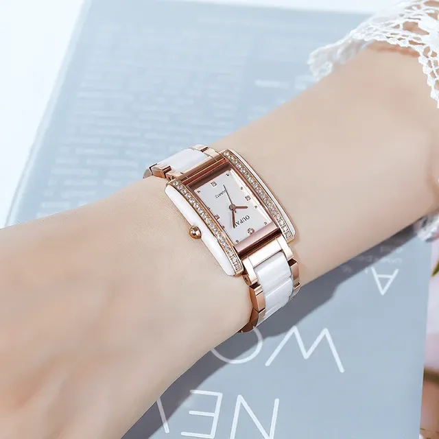 Oupai Fashion Analog Quartz Women's Watch Stainless Steel Case White Ceramic Strap Rectangular Glass Crystal Scratch-Resistant