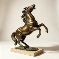 Statue décorative antique grandeur nature en métal argenté, cuivre, bronze, laiton, représentant un chevalier à cheval