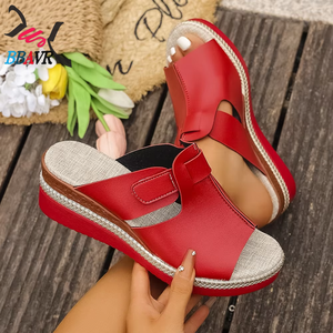 Sandalias de cuña para mujer al por mayor de fábrica, de PU, con punta abierta, decorativas, informales, para verano - Product Image 6