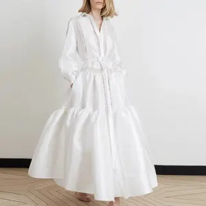 Qz0223女性長袖レースエッジパッチワークホワイトドレスレディースファッションドレス卸売