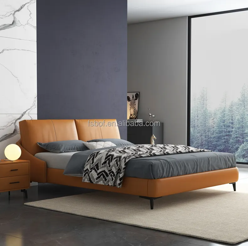 Оптовая продажа, современная роскошная мебель для спальни, новейшая современная кожаная кровать оранжевого цвета