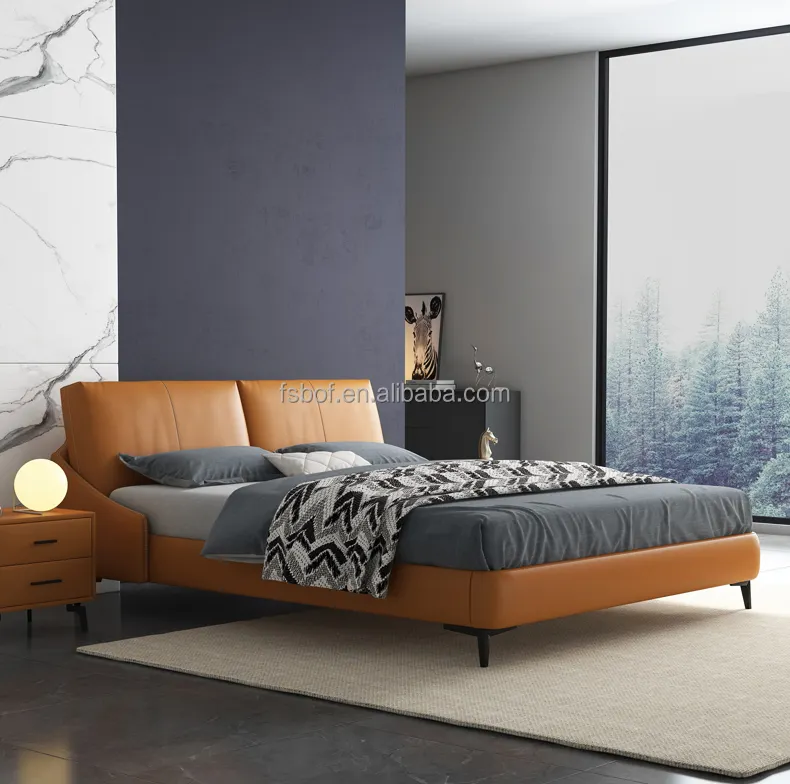 Grossista Moderna Camera Da Letto di lusso Mobili Ultime Moderno Letto King Size di colore arancione in pelle Letto