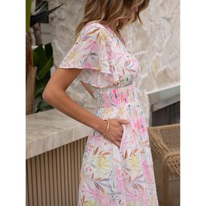 Vestido largo floral de verano para mujer, cuello en V, manga corta, de gasa, línea A, para dama de honor, invitada de boda en la playa - Product Image 5