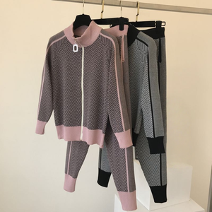 Ensemble jogging 2 pièces pour femmes, tendance 2026, cardigan en tricot côtelé à rayures latérales, fermeture éclair, automne - Product Image 3