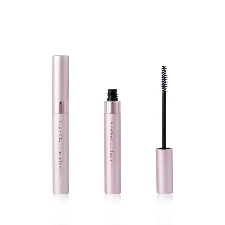 10ml matte/frosted blossom pink mascara tube/bottle/container with voluminous brush and metallic shiny pink logo printed