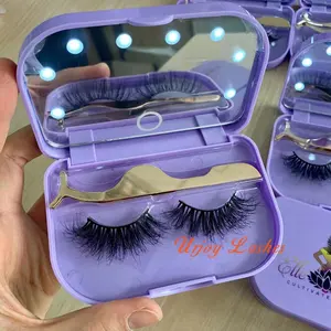 Eyelashes Case With LED Light Tweezers Lash Set 1 Pair 3D mink Tray Eyelash private label purple led light lash box