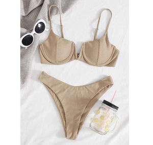 11colors Sexy Ribbed Underwire <strong>Bikini</strong> Women Solid V-bra Push Up Padded Two-piece <strong>Bikini</strong> Set High Cut Bathing Suit <strong>Thong</strong> <strong>Swimsuit</strong> - Product Image 1