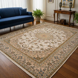 Elegante Alfombra Persa Hecha a Mano de Lana, Diseño Clásico de Enredaderas Florales, Patrón Geométrico, Ecológica, Antideslizante y Lavable - Product Image 1