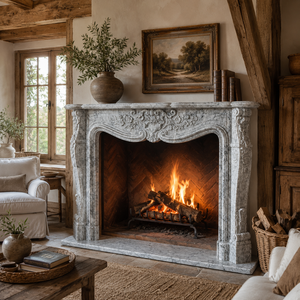 Traditional Marble <b>Fireplace</b> Mantel With Ornate Carving Imperial Blue Stone Indoor Wood Burning Hearth For Dining Room - Product Image 1
