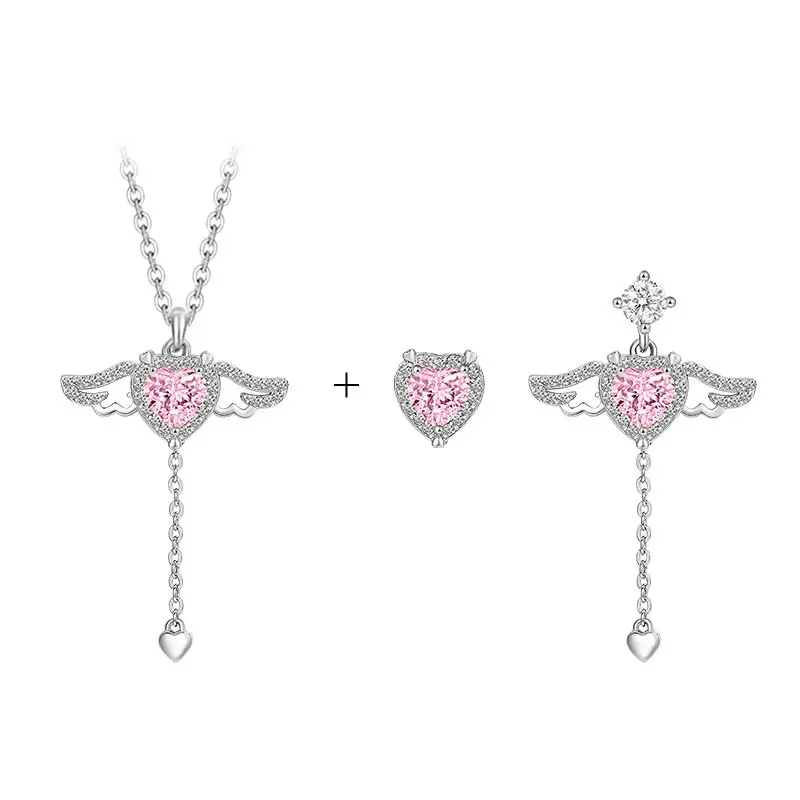K1867 Korean Pink Crystal Angel Wings Heart Pendant Necklace For Woman Minimalist Jewelry Girl's Neck Chain 2022 New Cupid Arrow