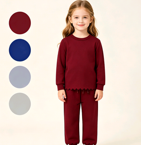 Custom Casual Flower Bows Colorful Solid Cotton Kids Long Sleeves Shirt Wide Leg Long Pants Scallop Edge Outfits <b>Sister</b> Clothes - Product Image 1