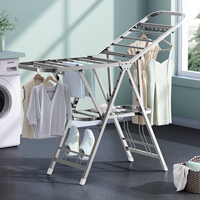 VC Étagère à linge multifonctionnelle réglable en acier inoxydable, pliable à trois niveaux, avec barres de suspension pour vêtements et chaussures