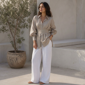 Chic Beige Belted Solid Shirt & White Wide Leg Pants <b>Set</b> for Women-Premium Summer Co-ord <b>Set</b> Daily Wear Quick Dry Casual Fashion - Product Image 1