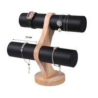 Présentoir à bijoux en gros Organisateur de bracelet en épingle à cheveux à deux couches Barre en T en cuir Bracelet en bois Montre Porte-bijoux pour spectacle