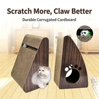 Griffoir mural en carton ondulé pour chat, en forme de cale, avec motif bois, découpe pour patte et jouet boule, durable pour l'entretien des griffes, fournitures pour animaux de compagnie