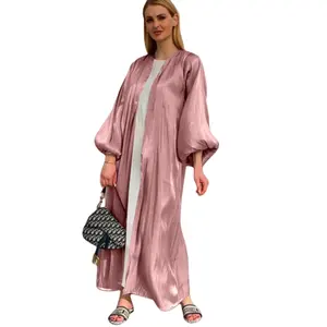 Prezzo all'ingrosso nuovo tessuto satinato manica aperta anteriore abito lungo Middle East dubdigan robe Muslim donna abaya