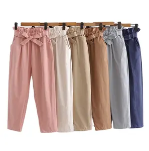 Pantalones bombachos de tobillo de estilo coreano para mujer, calzas de cintura alta con cordones en blanco y negro para primavera y verano