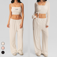 Dameskleding Zachte Camisole voor Meisjes Kruislingsgestreepte Band Buitenkleding Geborstelde Wikkelbroek Wijde Pijpenbroek Athleisure 3-delige Yogasets