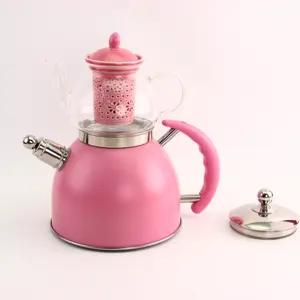 Pink color coating 3L stainless steel ketle and 0.7L glass kettle double ketlle whistling tea pots