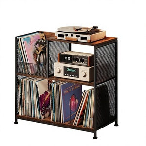 Rak Piringan Hitam Tiga Tingkat dari Logam dengan Platform Turntable, Rak Penyimpanan dengan Sekat yang Dapat Disesuaikan, Dapat Menampung hingga 300 Piringan Hitam LP - Product Image 1