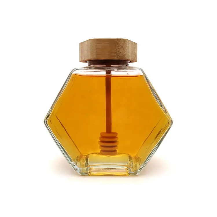 Free sample empty honey jars glass hexagonal with wooden lid