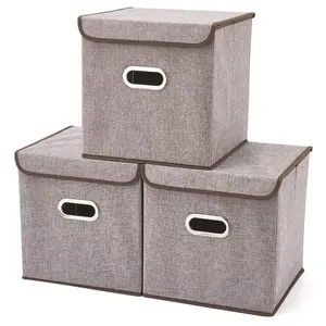 带盖的储物盒亚麻织物可折叠篮子立方体组织者箱容器抽屉盖- (12。6x12.6x12.6英寸)