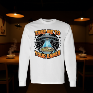 Camiseta de manga larga Take Me To Your Ramen con diseño de abducción OVNI y temática de comida - Product Image 3