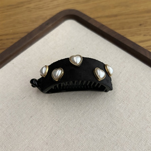 Barrette à cheveux en acrylique pour femme, style queue de cheval basse, avec strass et perles, décorée de perles noires, barrette semi-circulaire pour queue de cheval - Product Image 4