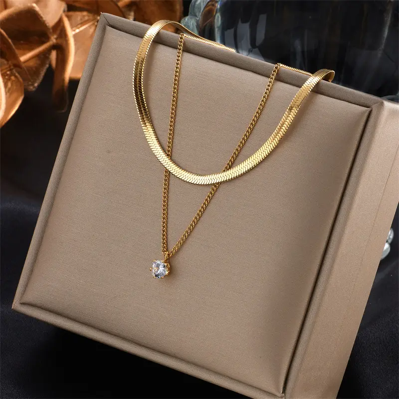 Simple Tarnish Free Zircon Pendant Double Layered Stainless Steel Necklace Design Jewelry For Women