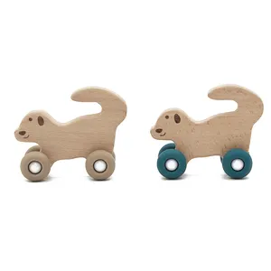 Giocattoli educativi in legno di faggio biologico con ruote ruote per auto in legno a forma di animale per regalo per bambini