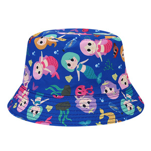 2025 chico Kawaii lindo 54cm 3-8 años niños niñas colorido dibujos animados sirena pez estampado verano viaje sol playa pescador cubo sombrero - Product Image 1