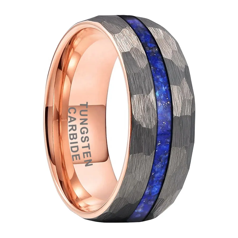 Coolstyle Jewelry 8mm Rose Gold Hammered Tungsten Carbide Ring for Men Women Fashion Jewelry Engagement Wedding Band Lapis Inlay