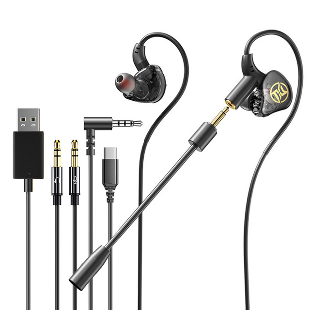 Desktop Computer Earphones in Ear with Microphone 2-in-1 Wired E-sports Gaming Dedicated USB Dual Plug Earphones