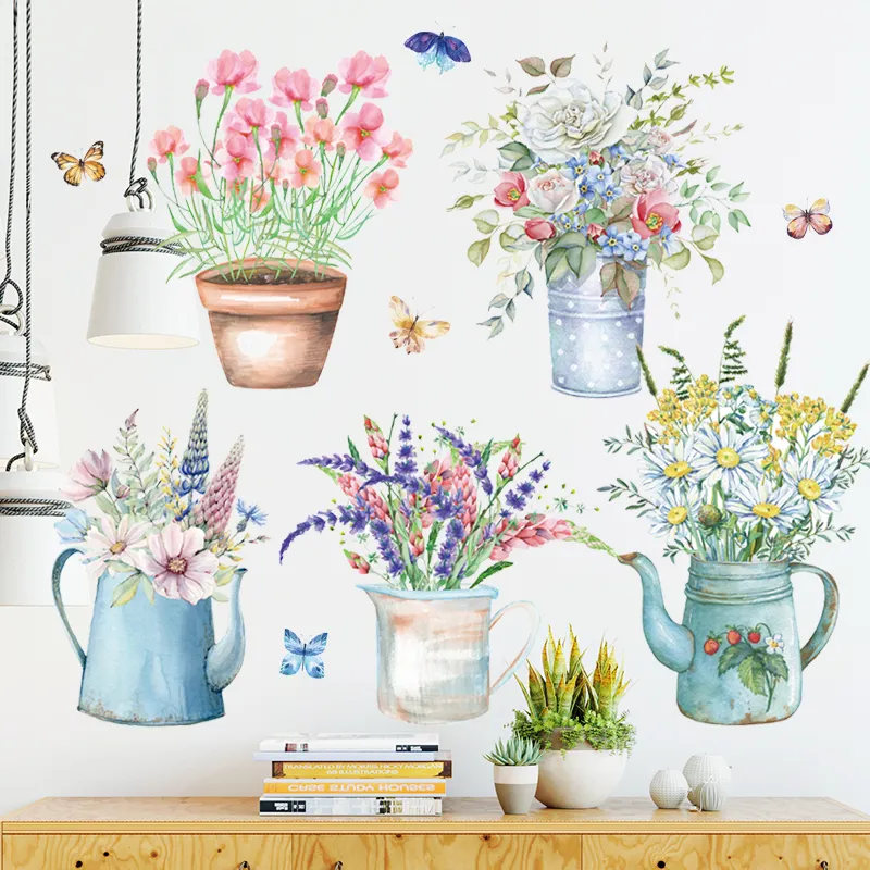 Красочные цветы и бабочки наклейки на стену горшечные растения чайник обои для гостиной спальни домашний декор наклейка на стену