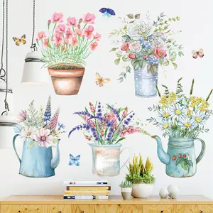 Colorful Flowers And Butterflies Wall Stickers Potted Plants Kettle Wallpaper For Living Room Bedroom Home Decor Wall Decal