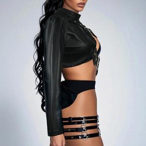 أزياء الهيب هوب بو الجلود سترة نسائية أزرار معدنية كتف واحد مثير فاسق الشارع ملابس الرسن المحاصيل أعلى القوطي Techwear - Product Image 5