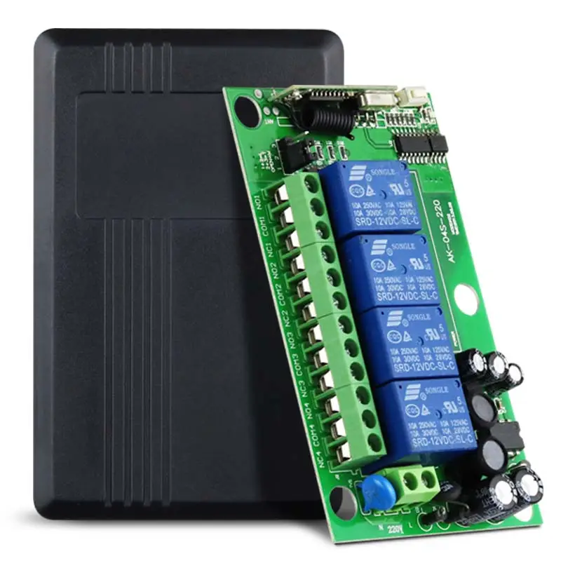 Interruptor de control remoto inalámbrico RF universal con carcasa negra de código de aprendizaje de 4 canales AC220V
