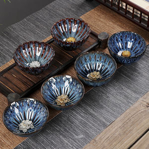 Tasse à thé en céramique à motif floral plaqué or, bol à thé Kung Fu Jianzhan, tasse individuelle pour usage domestique, cadeau - Product Image 2