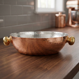 Bol à couscous minimaliste en cuivre avec poignées en laiton, doublé d'étain, cadeau d'affaires, plat de service, marque SMC, fabriqué au TN - Product Image 3