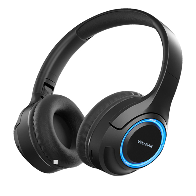 WESDAR Brand Bt 5.3 Wireless Leather Headphones 40mm Driver TF Card FM Radio LED Light 20+ Hours Playtime Lightweight Sports