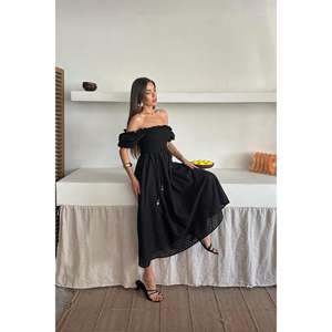 Robe élégante noire à épaules dénudées, taille élastique, coupe trapèze, dos nu, tissée, respirante, pour le quotidien et les occasions décontractées - Product Image 3