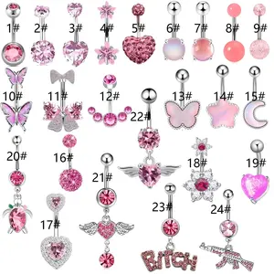 New Arrival Navel Button Rings Set Pink Crystal Belly Ring Stainless Steel Belly Piercing Jewelry Wholesale