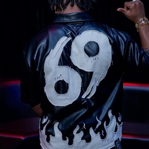 OEM Custom High Quality Distressed Applique Embroidery Pu Leather Zip up Jacket T Shirt for <b>Men</b> - Product Image 4