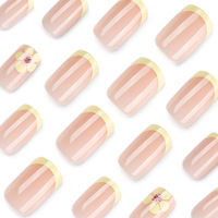 Faux ongles press-on faits main, forme cercueil, moyennement effilés, avec pointe française, motif floral et perles dorées, en PMMA, 24 pièces, fournitures pour salons de beauté et spas
